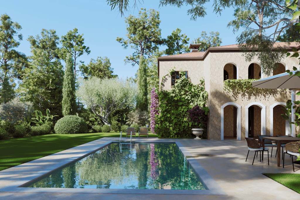 Style de jardin méditerranéen avec plantes et pierre