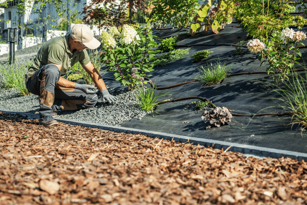 Préparation du sol et pose d'une toile de paillage pour un jardin minéral